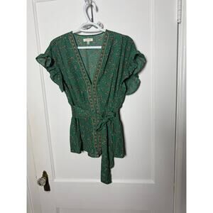 Max Studio Green Floral Ruffle Faux Wrap Short Sleeve Boho Top Blouse Medium